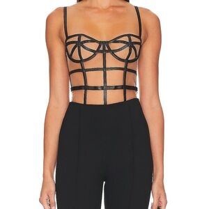 Fleur du Mal Faux Leather Caged Bodysuit in Black